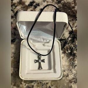 Black & Silver Flared Cross Pendant Necklace with Gemstones on leather cord. New